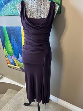 Fabulous burgundy coast dress with beautiful draping, cowl neckline and ruching